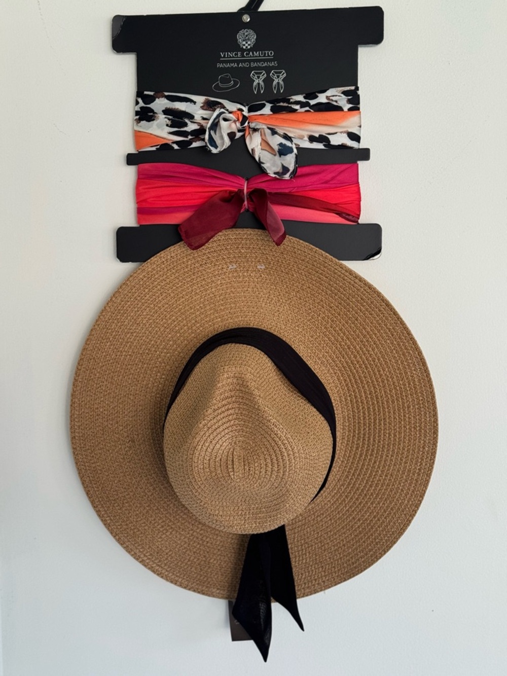 NWT Vince Camuto Panama Wide-Brim Straw Hat with Black Tie & 2 Bandanas #1